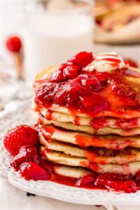 Whole Wheat Pancakes {with Honey Sweetened Strawberry Syrup} Cooking